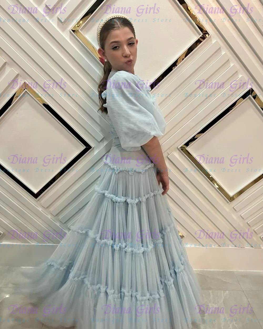 Toddler Girl Tulle Party Dress - Elegancka, wysokiej jakości, jasnoniebieska sukienka dla