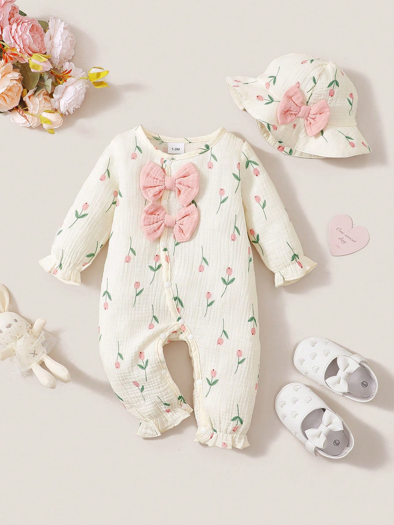 Newborn Baby Girl Romper Floral - Dwuczęściowy zestaw dla dziewczynki: wiosenno-jesienny kombinezon
