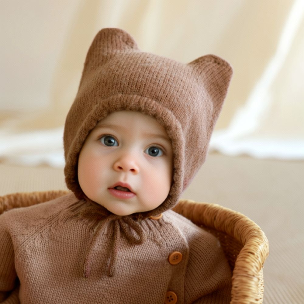 Infant Beanie Hat With Ears - Zimowa, dziergana czapka dla niemowląt, zapewniająca
