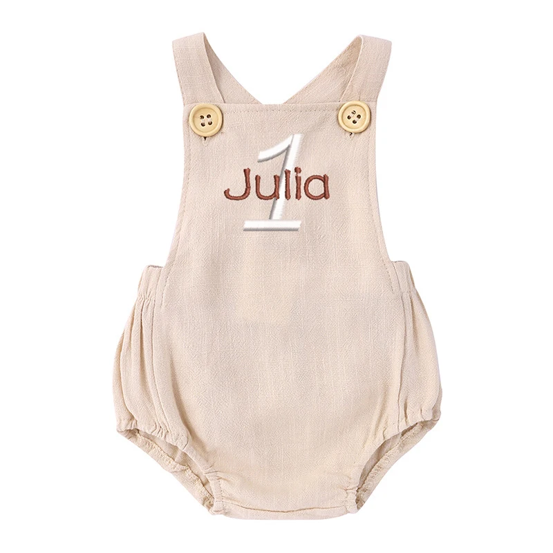 Baby Summer Linen Sleeveless Jumpsuit - Imię haftowane 1. urodziny Romper spersonalizowany